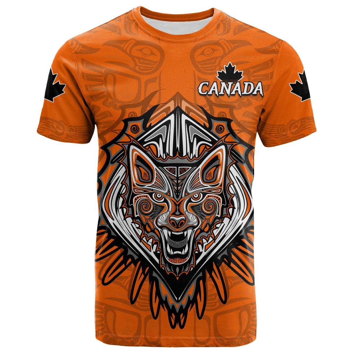 Canada Maple Leaf T Shirt Orange Haida Wolf LT13 - Wonder Print Shop