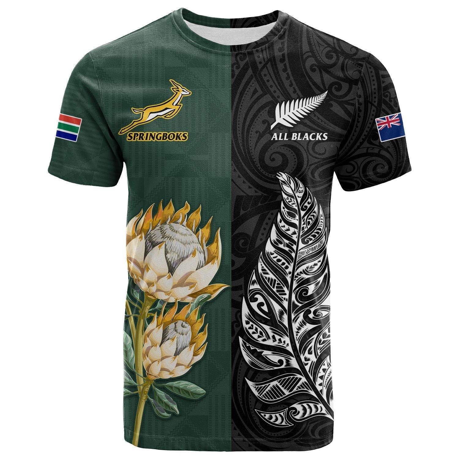South Africa Protea and New Zealand Fern T Shirt Rugby Go Springboks vs All Black Ver.02 LT13 - Wonder Print Shop