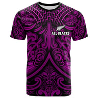 Purple and black rugby T-shirt with Maori-style swirls and center All Blacks graphic