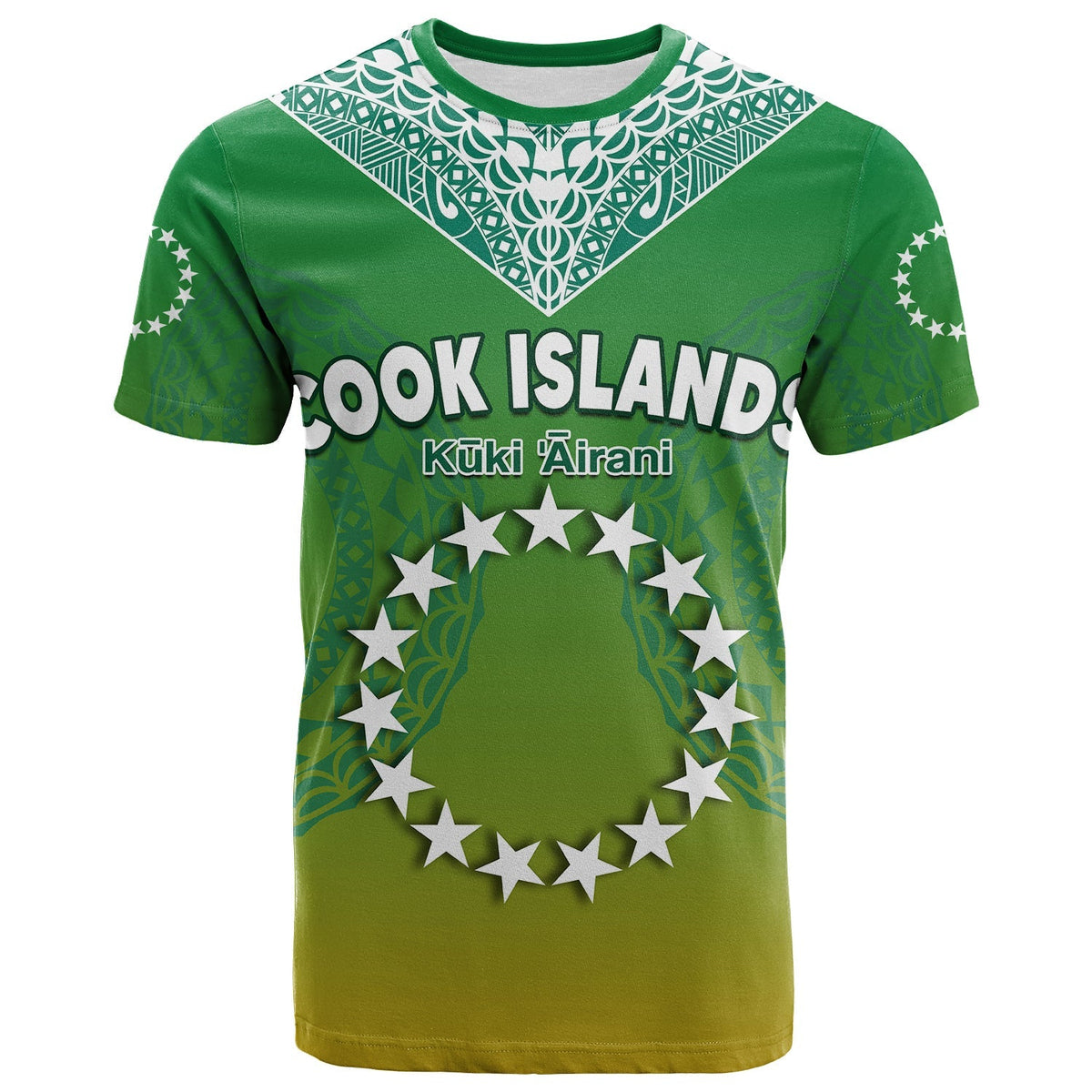 Green t-shirt front with white star circle emblem and decorative pattern yoke