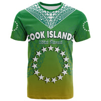 Green t-shirt front with white star circle emblem and decorative pattern yoke