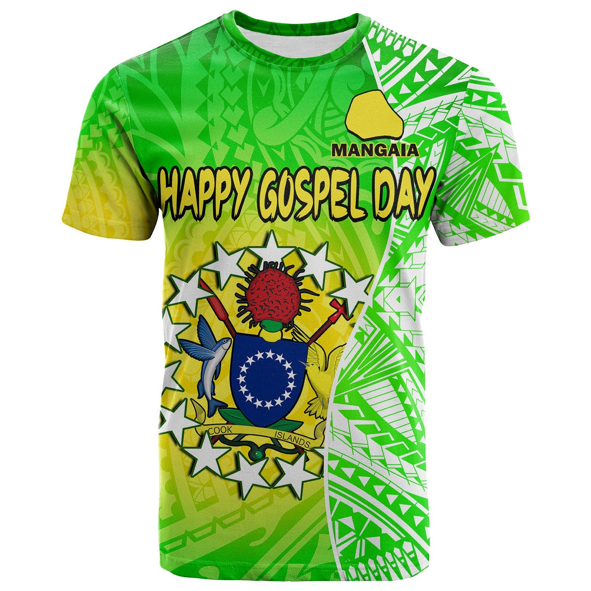 Custom Happy Mangaia Gospel Day T Shirt Cook Islands Coat Of Arms Polynesian Pattern - Wonder Print Shop