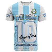 Football T-shirt with light blue/white stripes and 'THE GOAT' front graphic