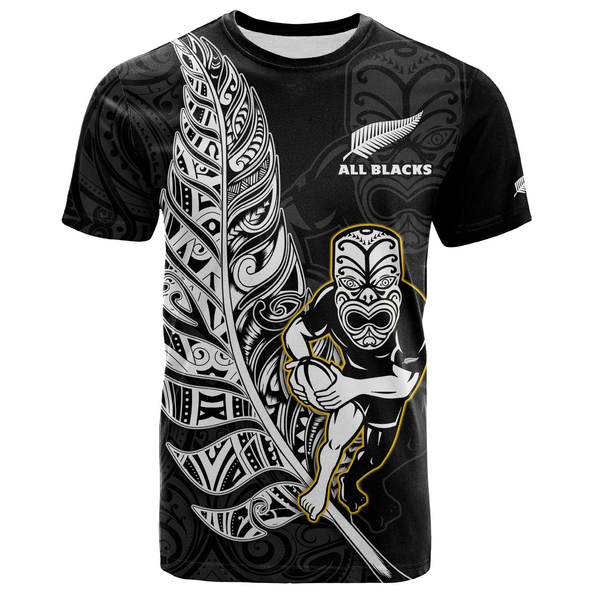 Custom Text And Number New Zealand 2022 Rugby T Shirt All Black Silver Fern Maori Pattern Version Black - Wonder Print Shop