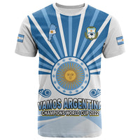 Argentina football t-shirt with light-blue/white stripes and sun emblem, “Vamos Argentina” text