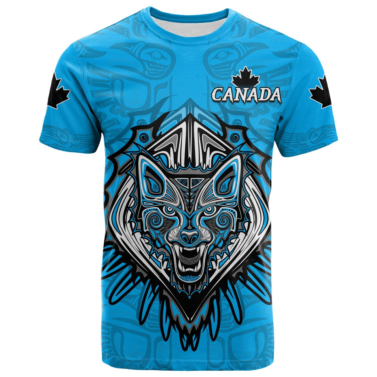Canada Maple Leaf T Shirt Blue Haida Wolf LT13 - Wonder Print Shop
