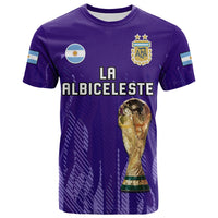 Purple Argentina football T-shirt with crest, La Albiceleste text, and trophy graphic