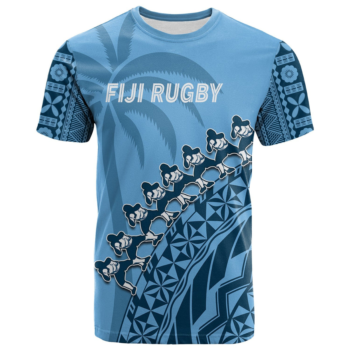 Custom Text And Number Fiji Tapa Rugby T Shirt Fijian Cibi Dance Tapa Pattern Blue - Wonder Print Shop