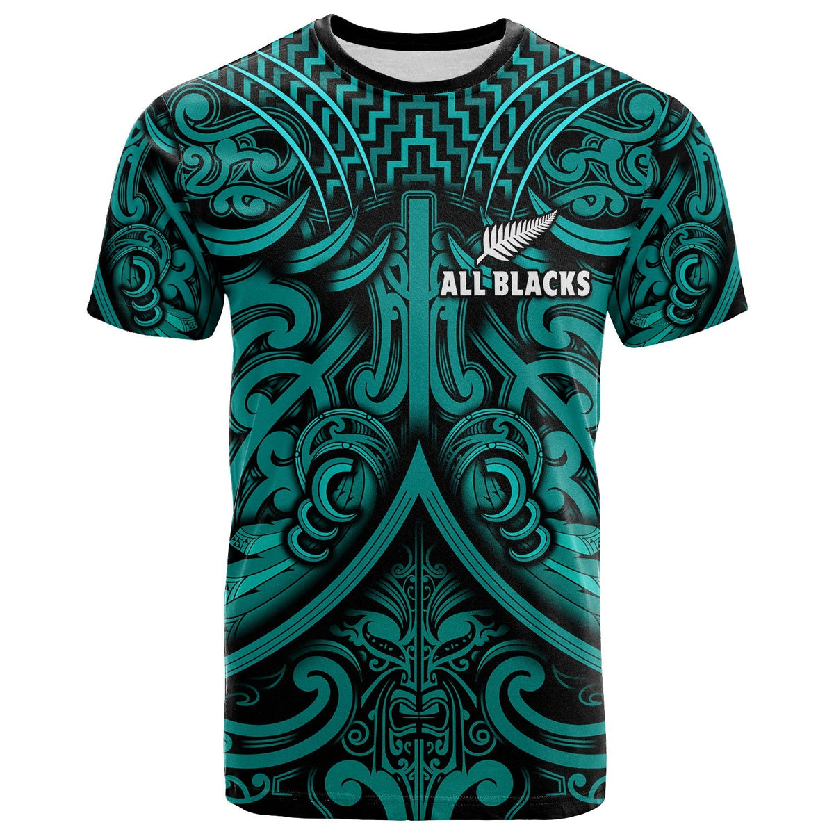Custom Text and Number New Zealand Silver Fern Rugby T Shirt All Black Turquoise NZ Maori Pattern LT13 - Wonder Print Shop