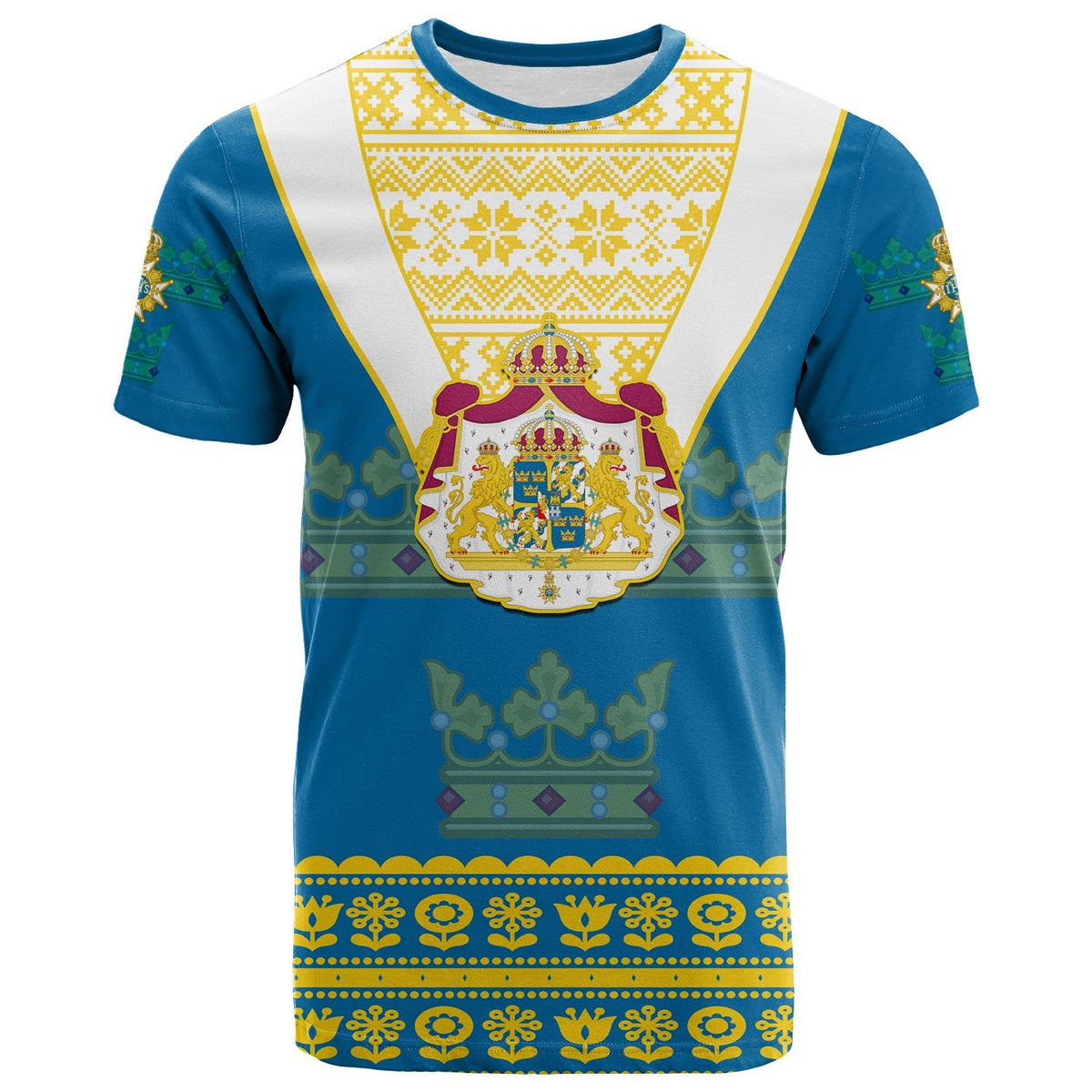 Custom Sweden T Shirt Swedish Coat Of Arms With Scandinavian Flowers - Wonder Print Shop