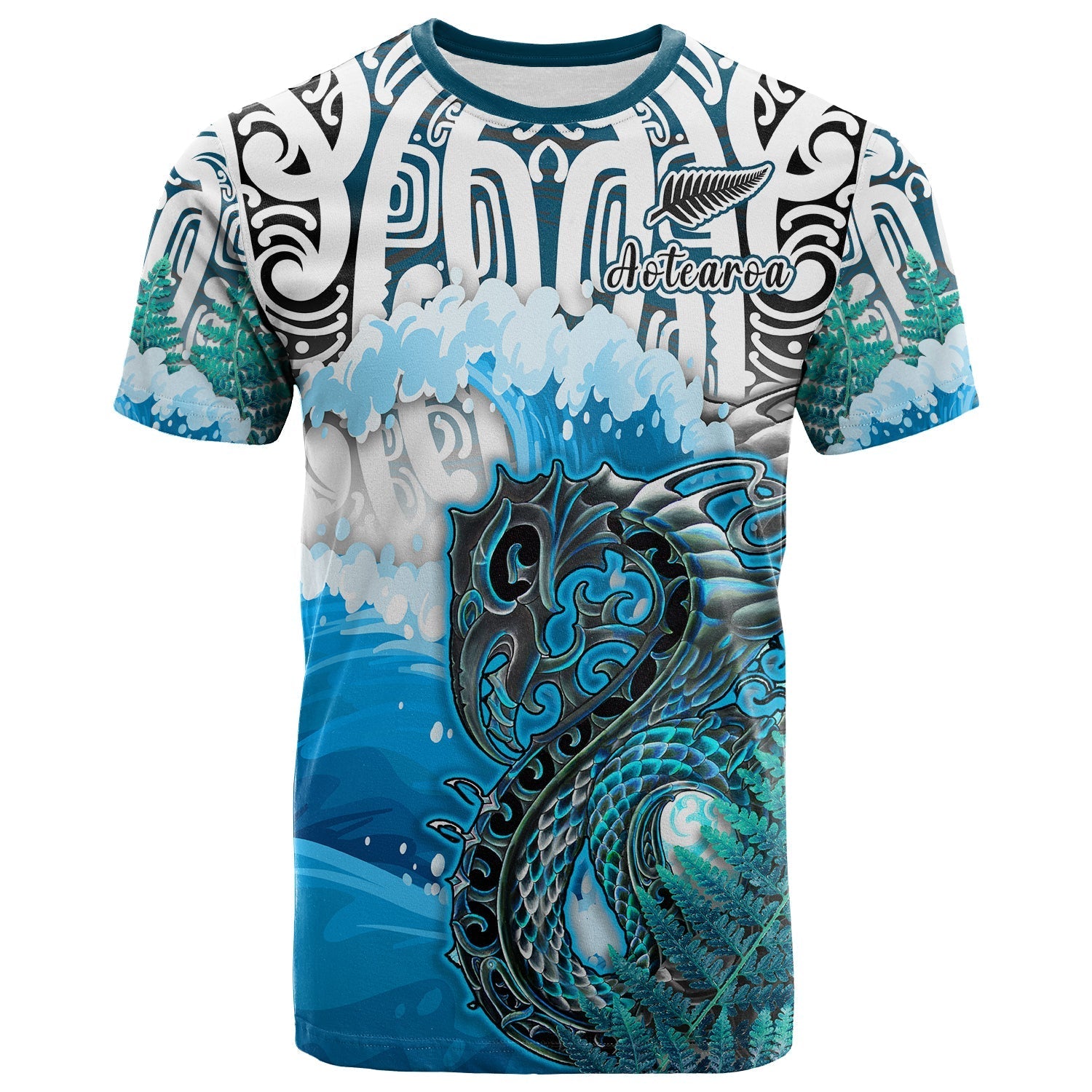 Custom Manaia Maori T Shirt Fern Aotearoa Blue Waves LT13 - Wonder Print Shop
