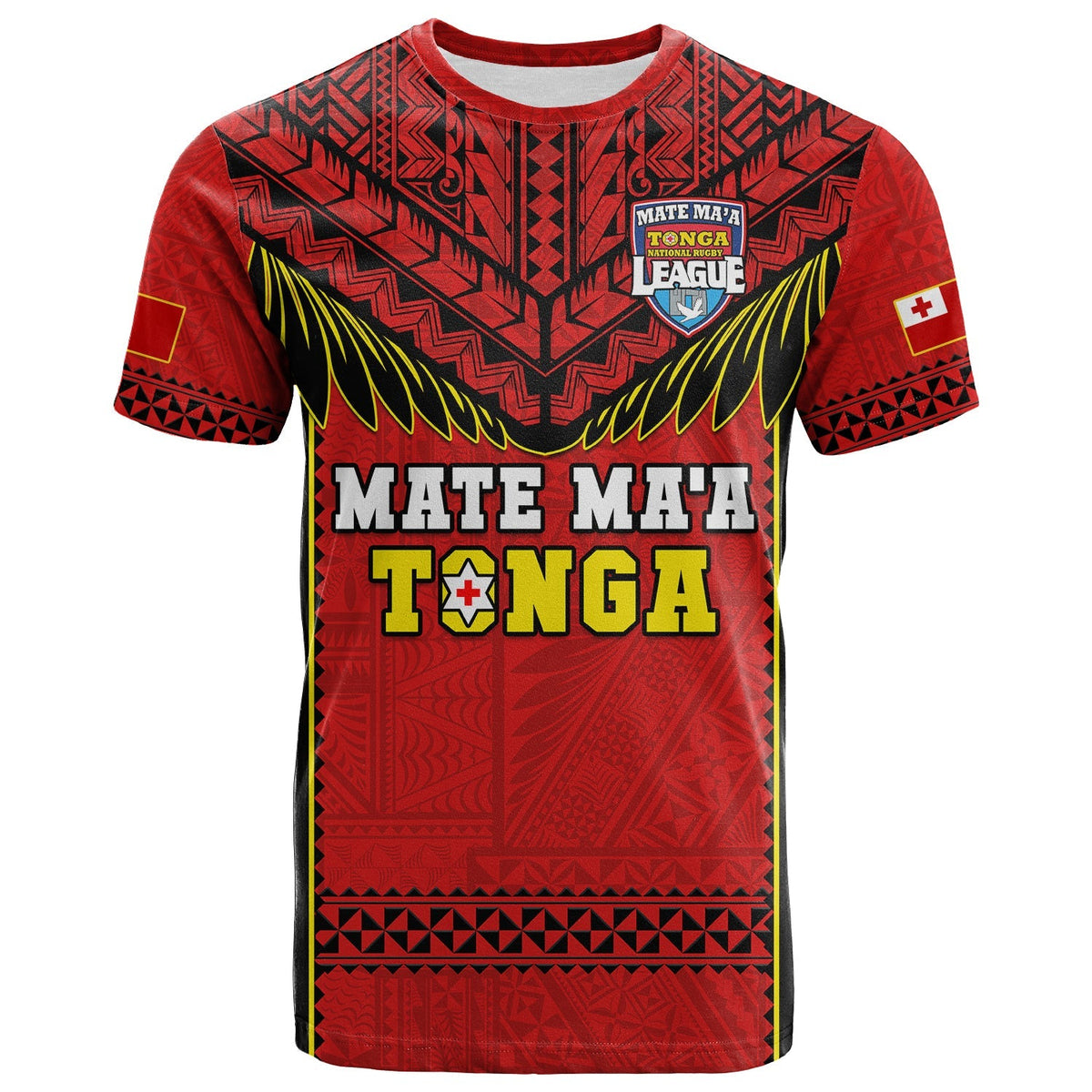 Red rugby T-shirt with red-and-black tribal pattern and front “MATE MA’A TONGA” print