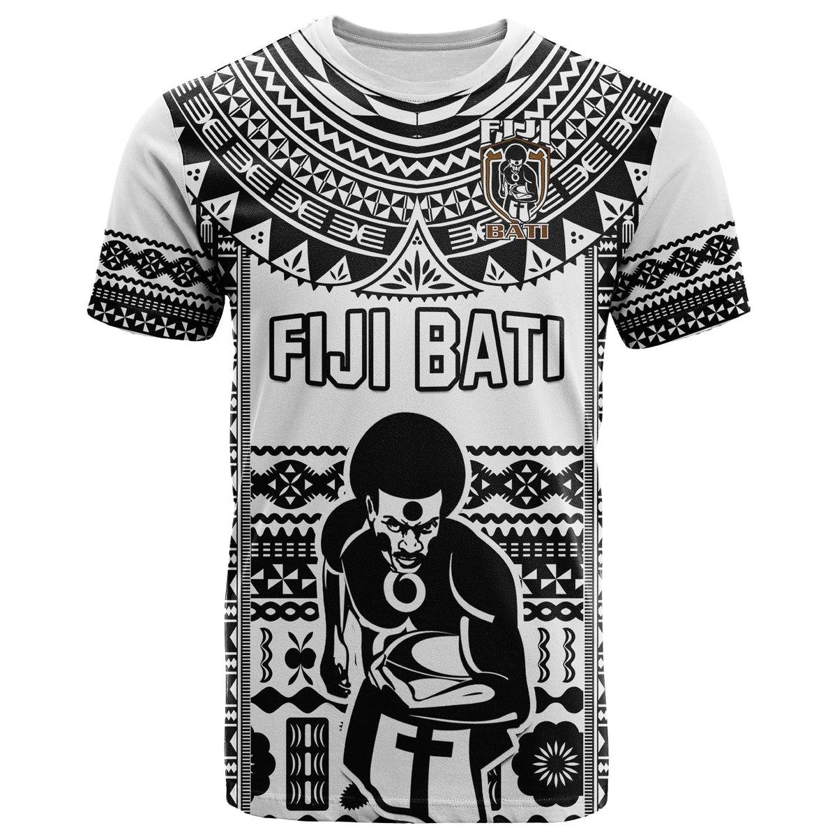 Custom rugby T-shirt with black-and-white tribal print, FIJI BATI wordmark and figure front