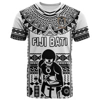 Custom rugby T-shirt with black-and-white tribal print, FIJI BATI wordmark and figure front