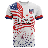 Custom USA football t-shirt, white front with flag graphic, USA crest and star pattern