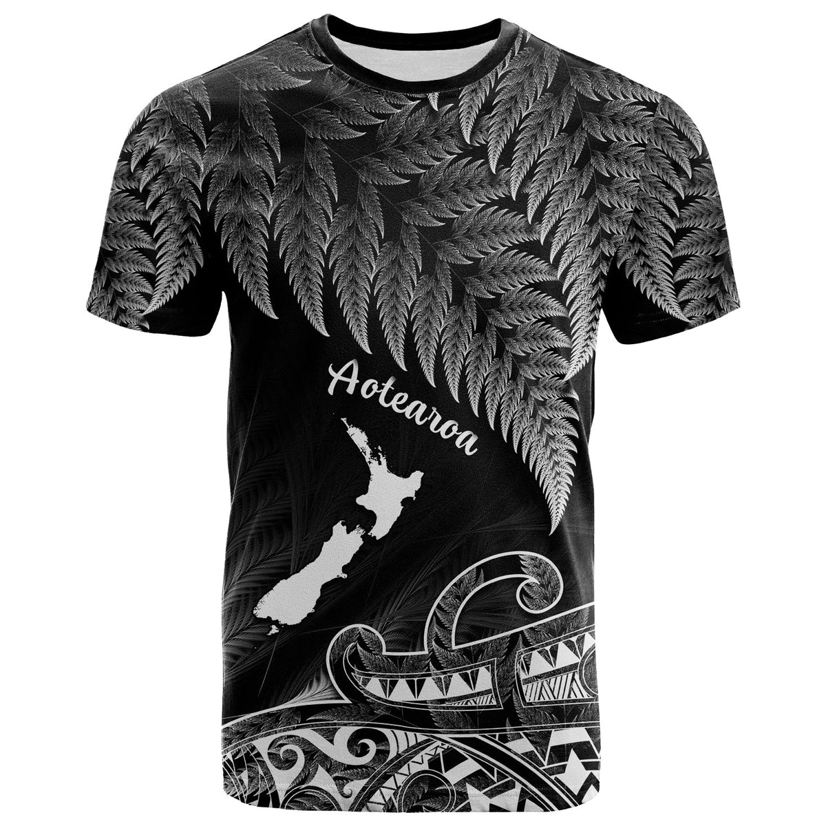 Custom New Zealand Silver Fern T Shirt Aotearoa Map Maori - Wonder Print Shop