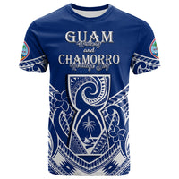 Blue Guam Chamorro Heritage Day T-shirt with large front graphic and logo text