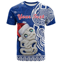 Custom New Zealand Christmas T Shirt Hei Tiki Blue Pohutukawa Meri Kirihimete - Wonder Print Shop
