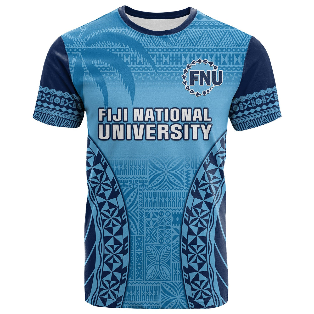 Custom Fiji University T Shirt National Fijian Tapa Pattern Blue - Wonder Print Shop