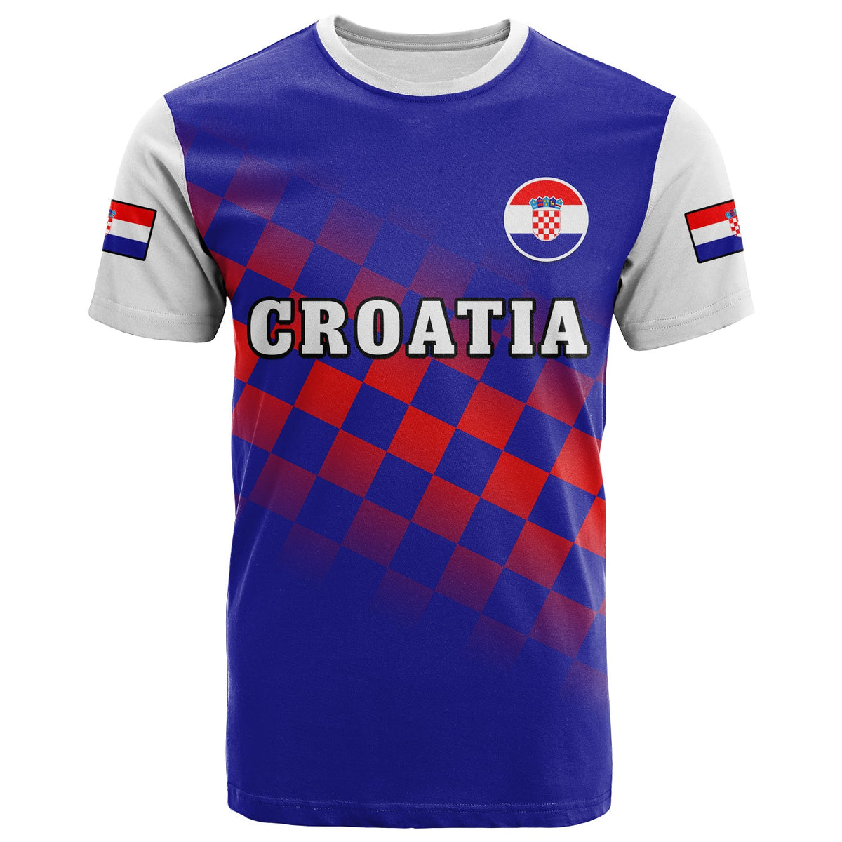 Custom Croatia Football T Shirt Hrvatska Checkerboard Blue Version - Wonder Print Shop