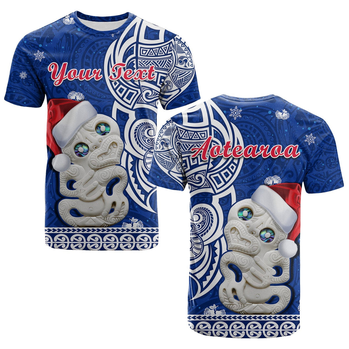 Custom New Zealand Christmas T Shirt Hei Tiki Blue Pohutukawa Meri Kirihimete - Wonder Print Shop