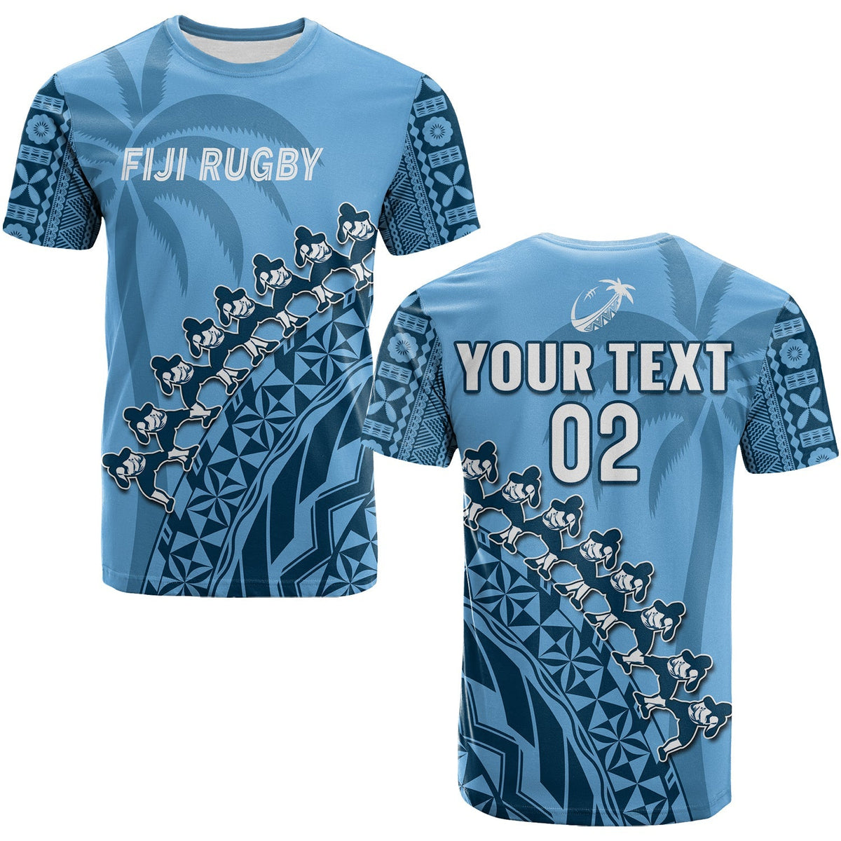 Custom Text And Number Fiji Tapa Rugby T Shirt Fijian Cibi Dance Tapa Pattern Blue - Wonder Print Shop