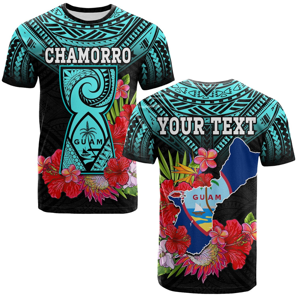 Custom Guam Chamorro T Shirt Guaman Latte Stone Tropical Flowers Turquoise Style - Wonder Print Shop