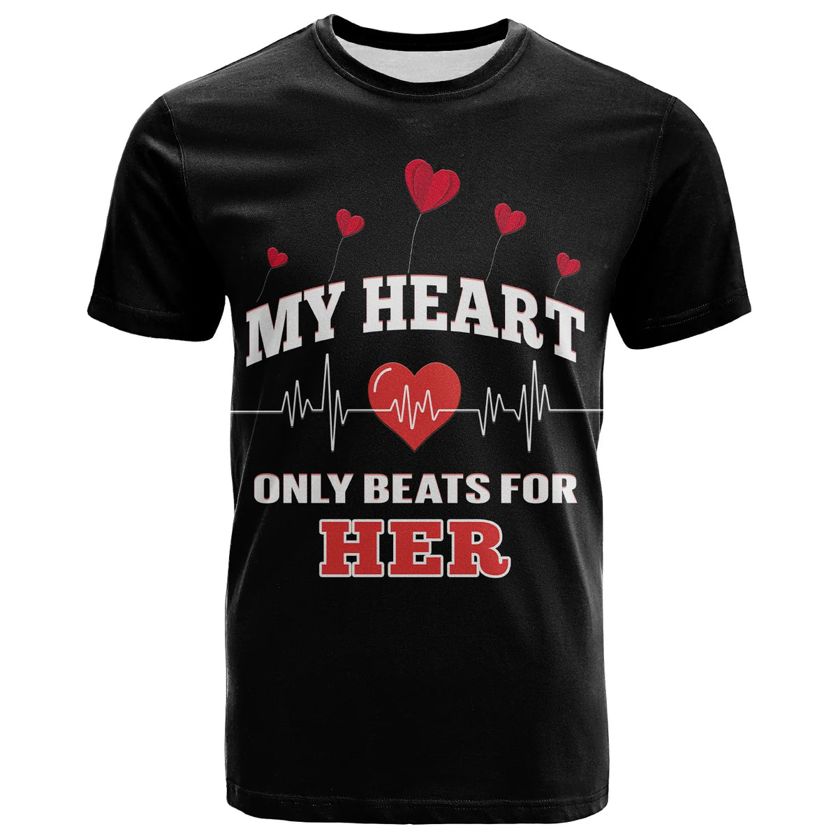 Custom American Valentines Day T Shirt Black My Heart Only Beats For Her - Wonder Print Shop