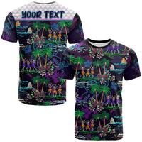 Purple kids Hawaiian T-shirt with dancing skeleton graphic and palm trees, crew neck