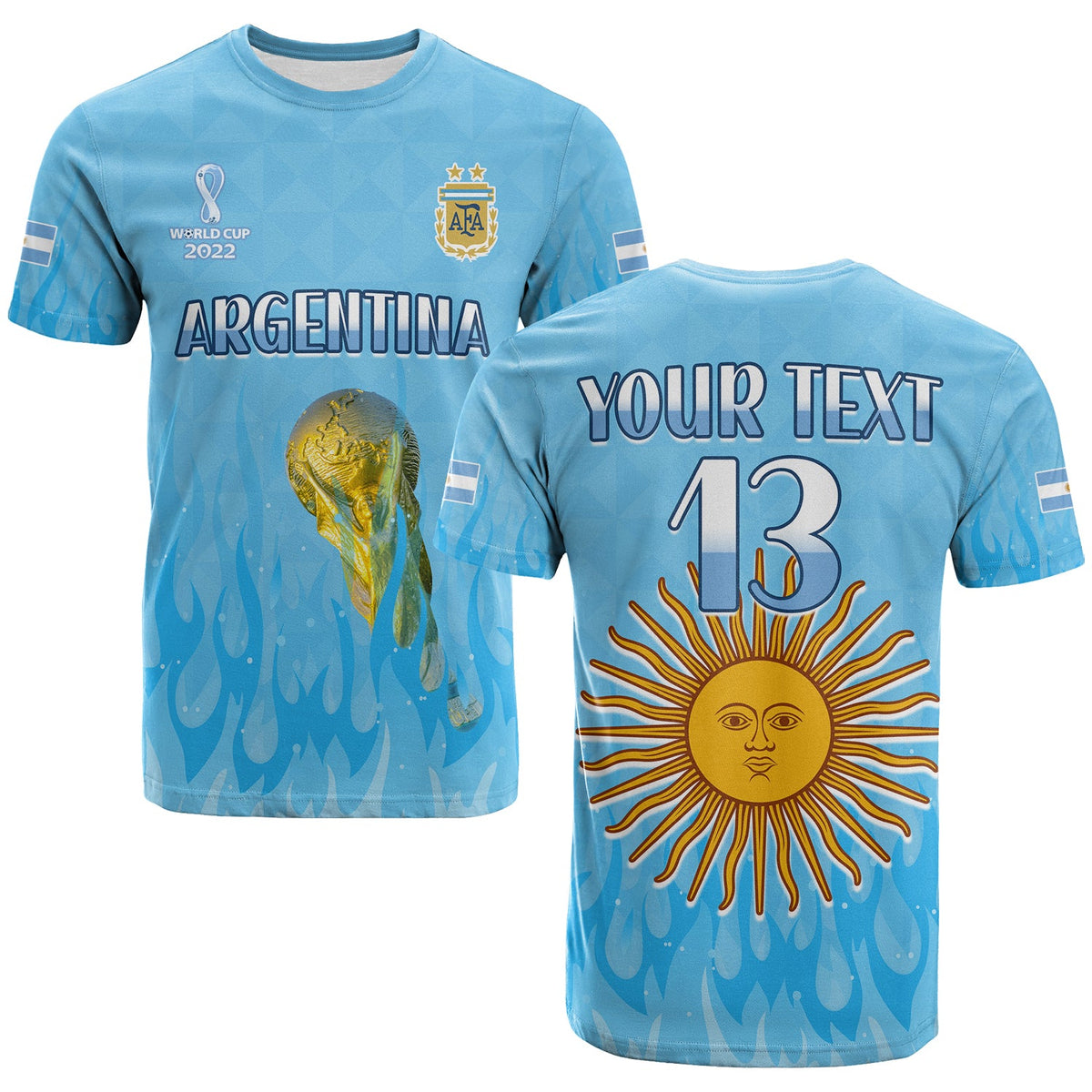 Custom Argentina Football T Shirt Vamos Sky Champions World Cup Fire LT13 - Wonder Print Shop