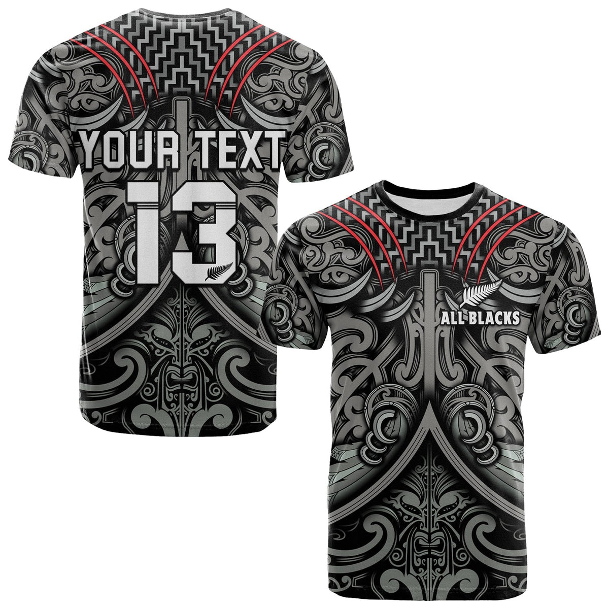 Custom Text and Number New Zealand Silver Fern Rugby T Shirt All Black NZ Maori Pattern LT13 - Wonder Print Shop