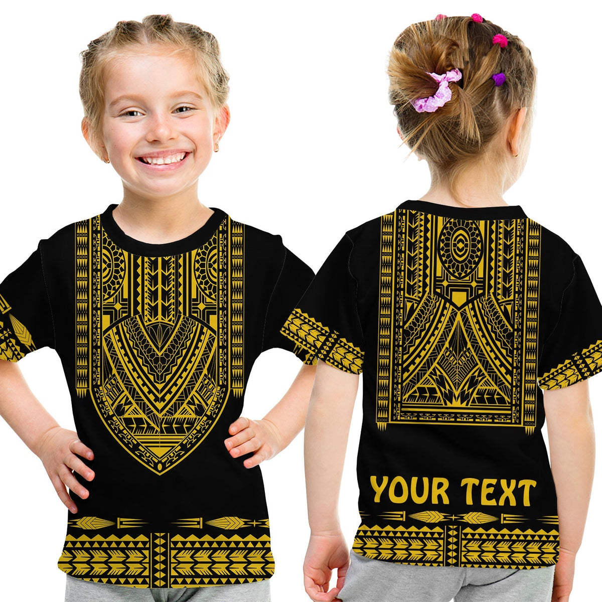 Custom Personalised Polynesian T Shirt KID Dashiki With Polynesian Tattoo Royal Golden Version - Wonder Print Shop