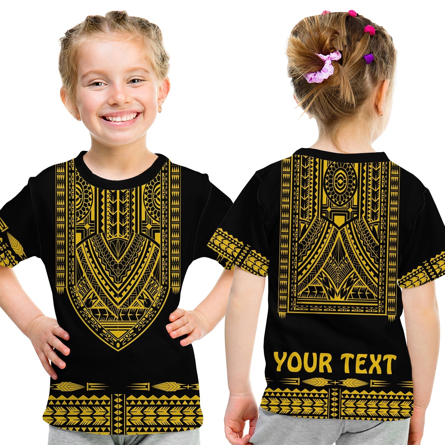 Custom Personalised Polynesian T Shirt KID Dashiki With Polynesian Tattoo Royal Golden Version - Wonder Print Shop