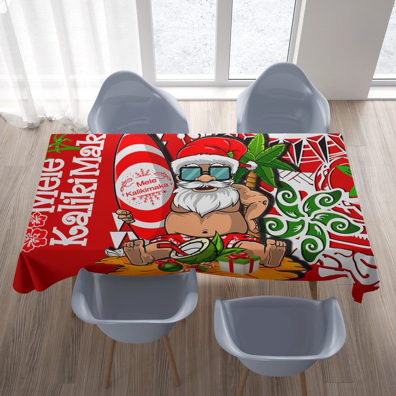 Red holiday tablecloth with Santa and tropical leaf print, rectangular top view