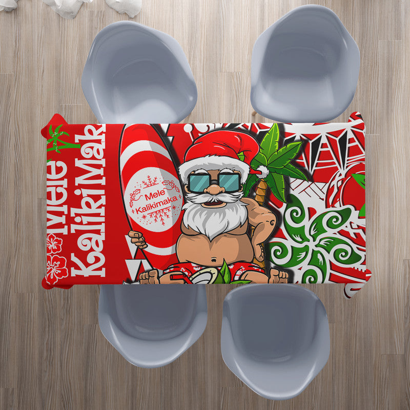 Rectangular red tablecloth featuring Santa face, sunglasses, and Mele Kalikimaka text