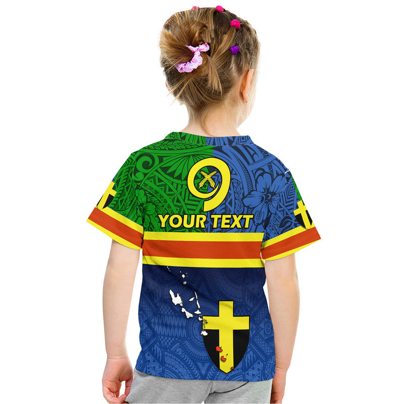 Custom graphic T-shirt back, blue with green panel, yellow stripes, crest circle and YOUR TEXT