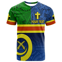 Custom Vanuatu-style graphic T-shirt, blue/green with yellow stripes and cross, YOUR TEXT