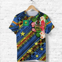 Blue Tafea T-shirt with colorful tribal print, flowers, stars, and Tafea text (front)