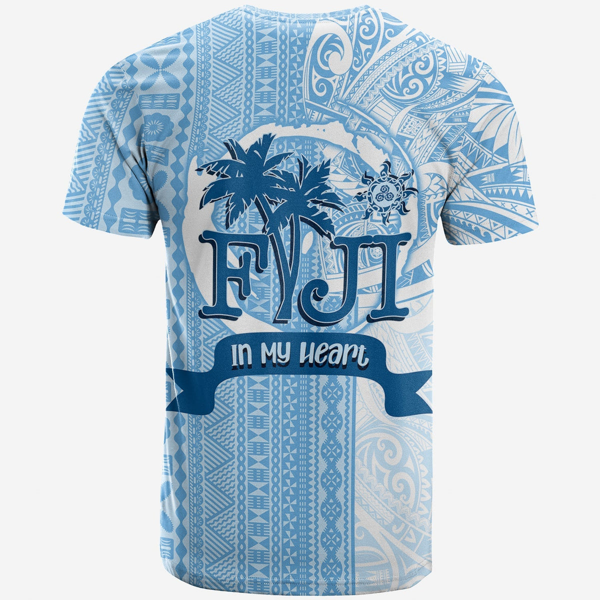 Cerulean back graphic T-shirt: palm trees and “Fiji In My Heart” text