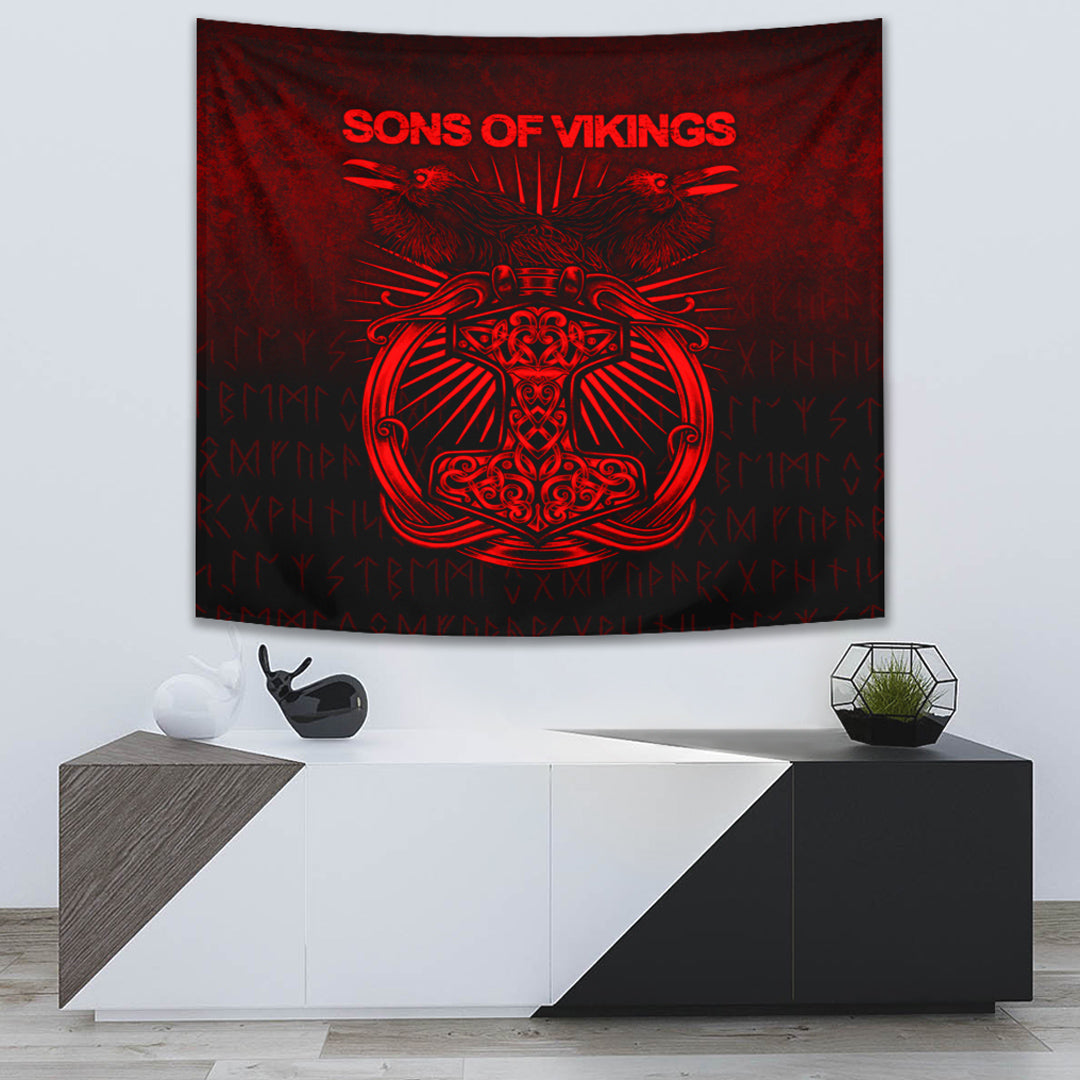 Viking Tapestry - Vikings Ravens Mjolnir - Red Version Tapestry RLT12 - Wonder Print Shop
