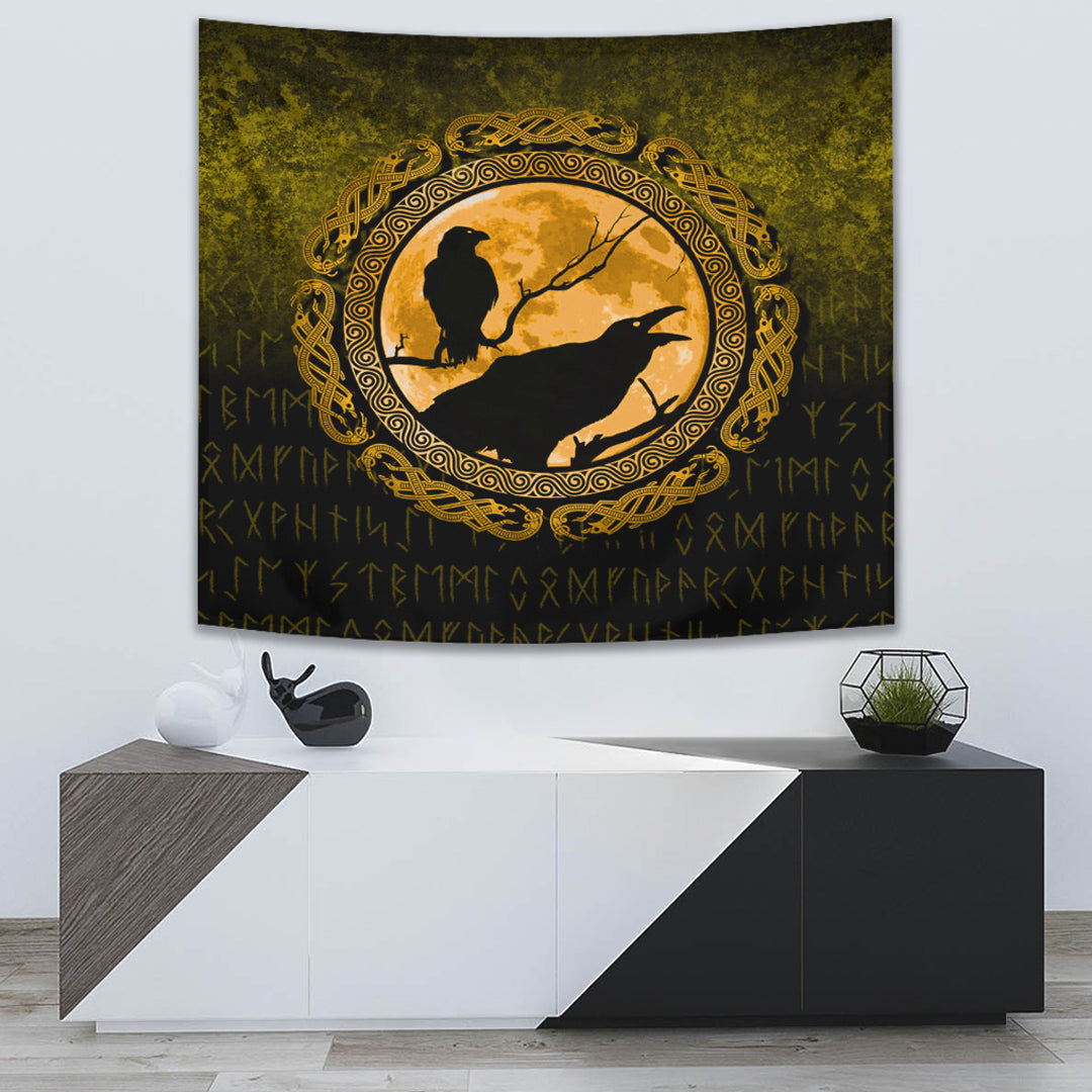 Viking Tapestry - Vikings Huginn Muninn Odin Ravens - Gold Version Tapestry RLT12 - Wonder Print Shop