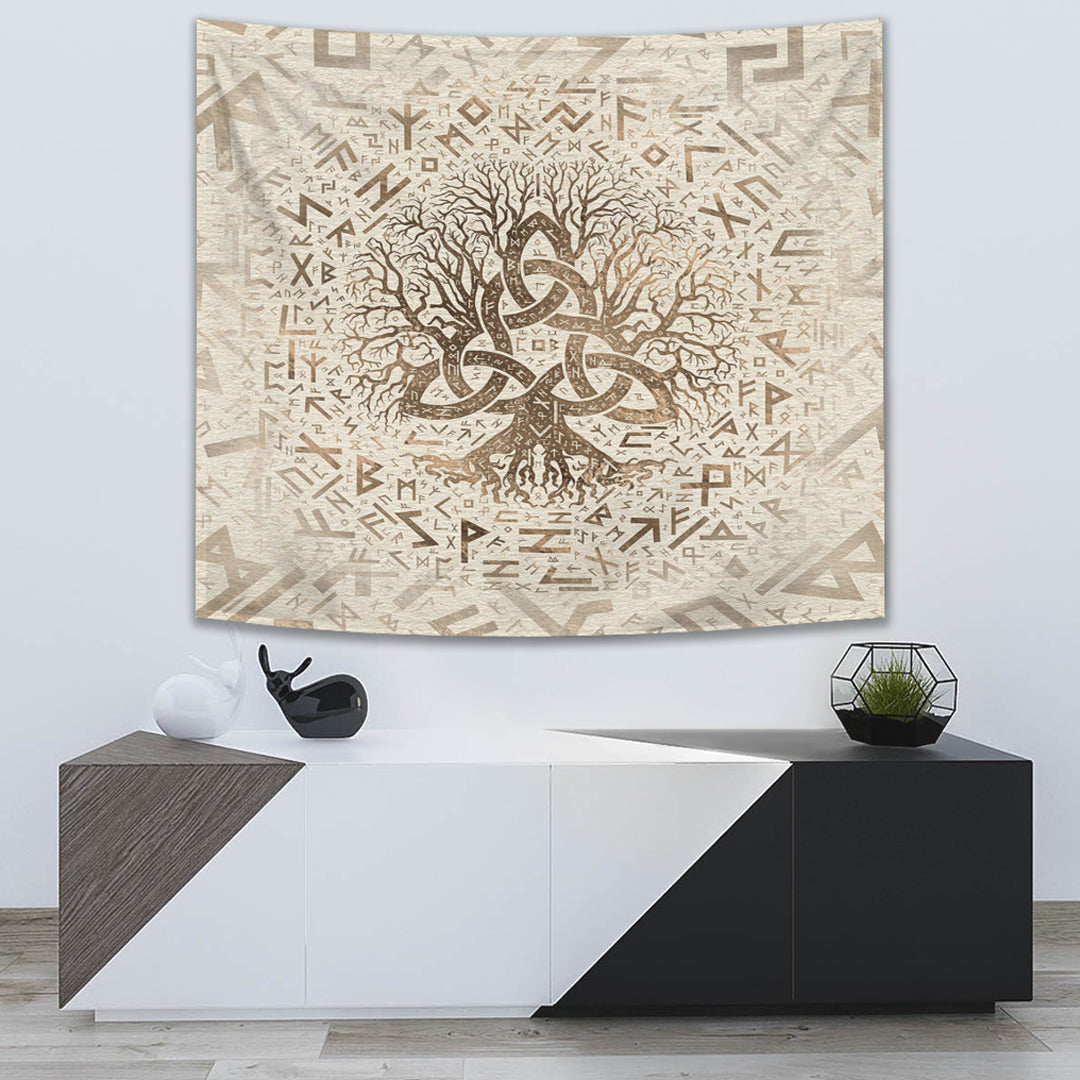 Viking Tapestry - Tree Of Life with Triquetra and Futhark Pastel Gold Tapestry RLT12 - Wonder Print Shop