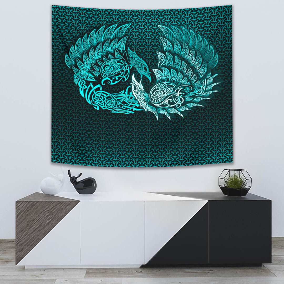 Viking Tapestry - Ragnarok Huginn Muninn - Cyan Version Tapestry RLT12 - Wonder Print Shop