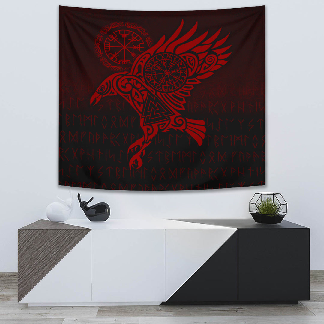 Viking Tapestry - Raven Vegvisir Tattoo - Red Version Tapestry RLT12 - Wonder Print Shop