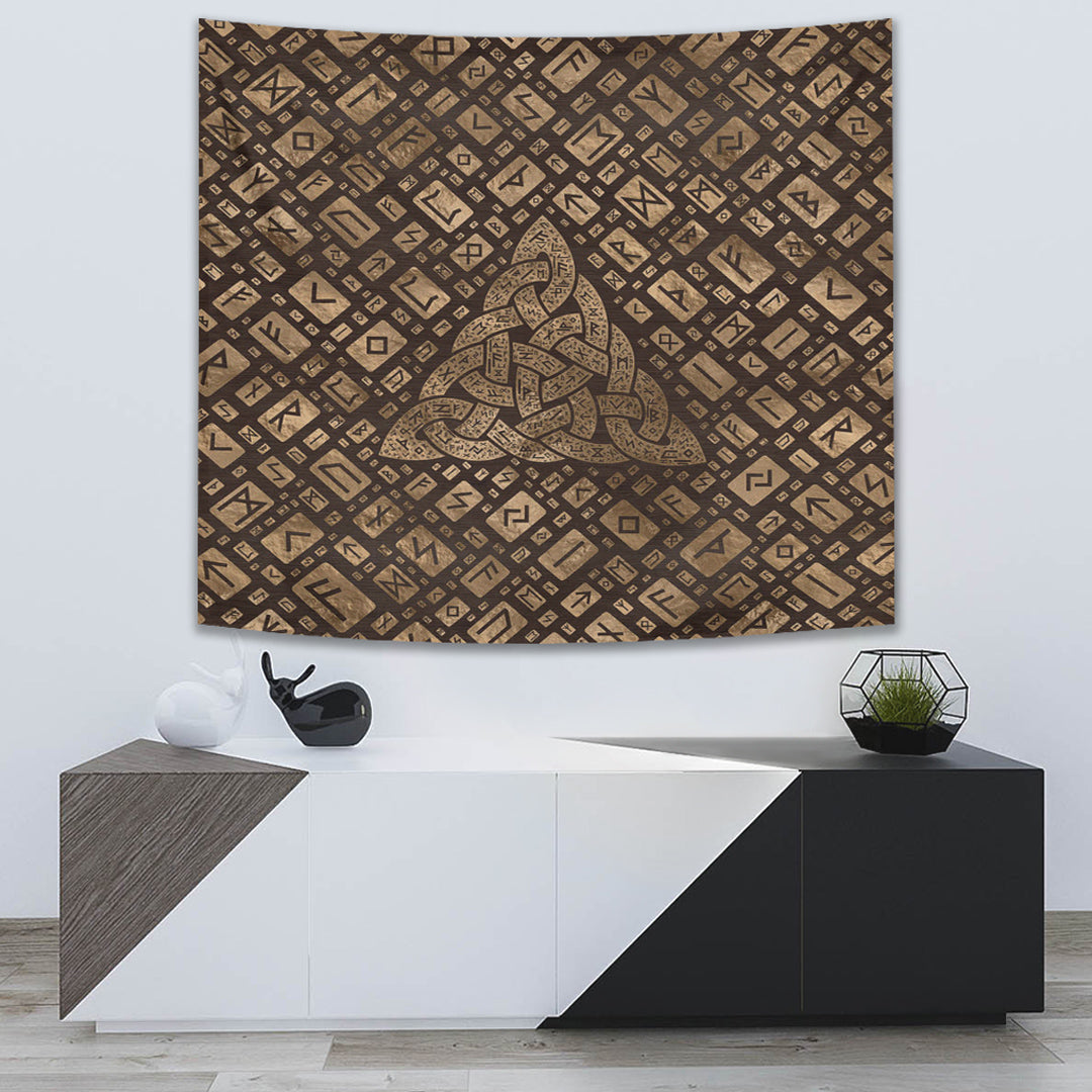 Viking Tapestry - Triquetra and Runic Alphabet Wood and Gold Tapestry RLT12 - Wonder Print Shop