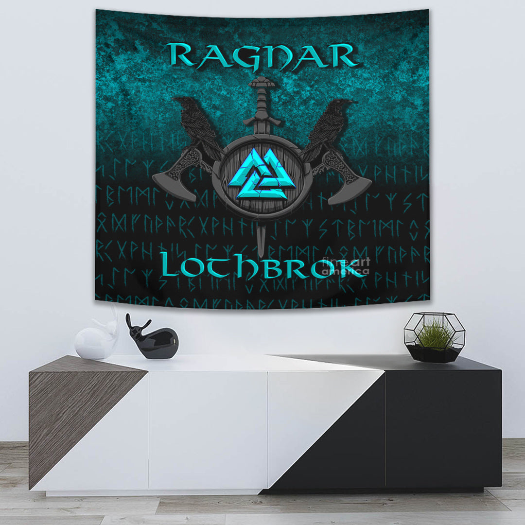 Viking Tapestry - Ragnar Lothbrok - Ragnar Lodbrok - Viking Warrior - Cyan Version Tapestry RLT12 - Wonder Print Shop