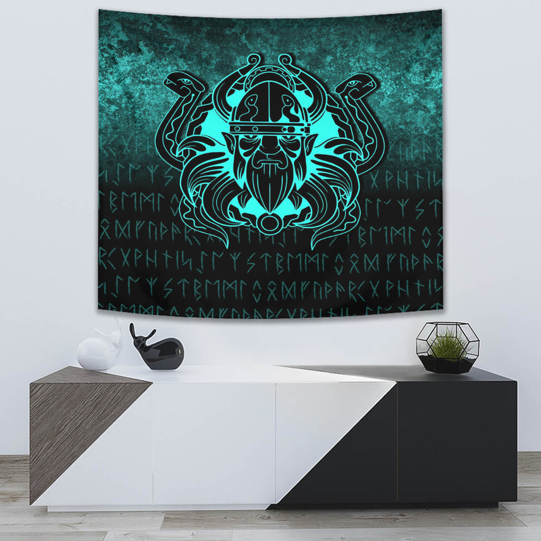 Viking Tapestry - Nordic Warrior Valhalla Norse - Cyan Version Tapestry RLT12 - Wonder Print Shop