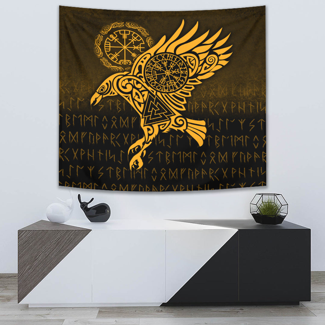 Viking Tapestry - Raven Vegvisir Tattoo - Gold Version Tapestry RLT12 - Wonder Print Shop