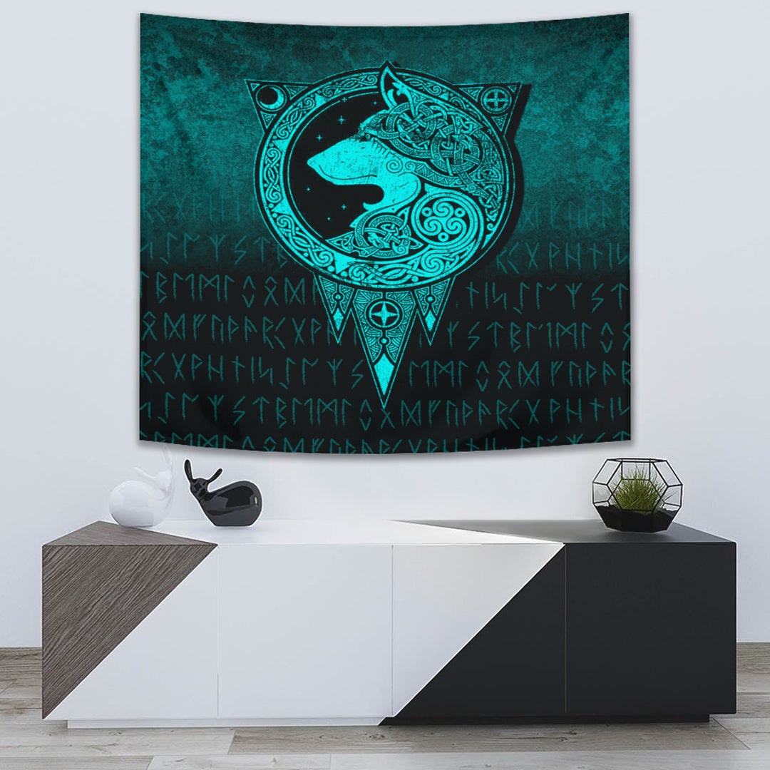 Viking Tapestry - Viking Norse Wolf - Cyan Version Tapestry RLT12 - Wonder Print Shop