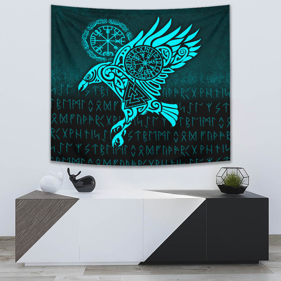 Viking Tapestry - Raven Vegvisir Tattoo - Cyan Version Tapestry RLT12 - Wonder Print Shop